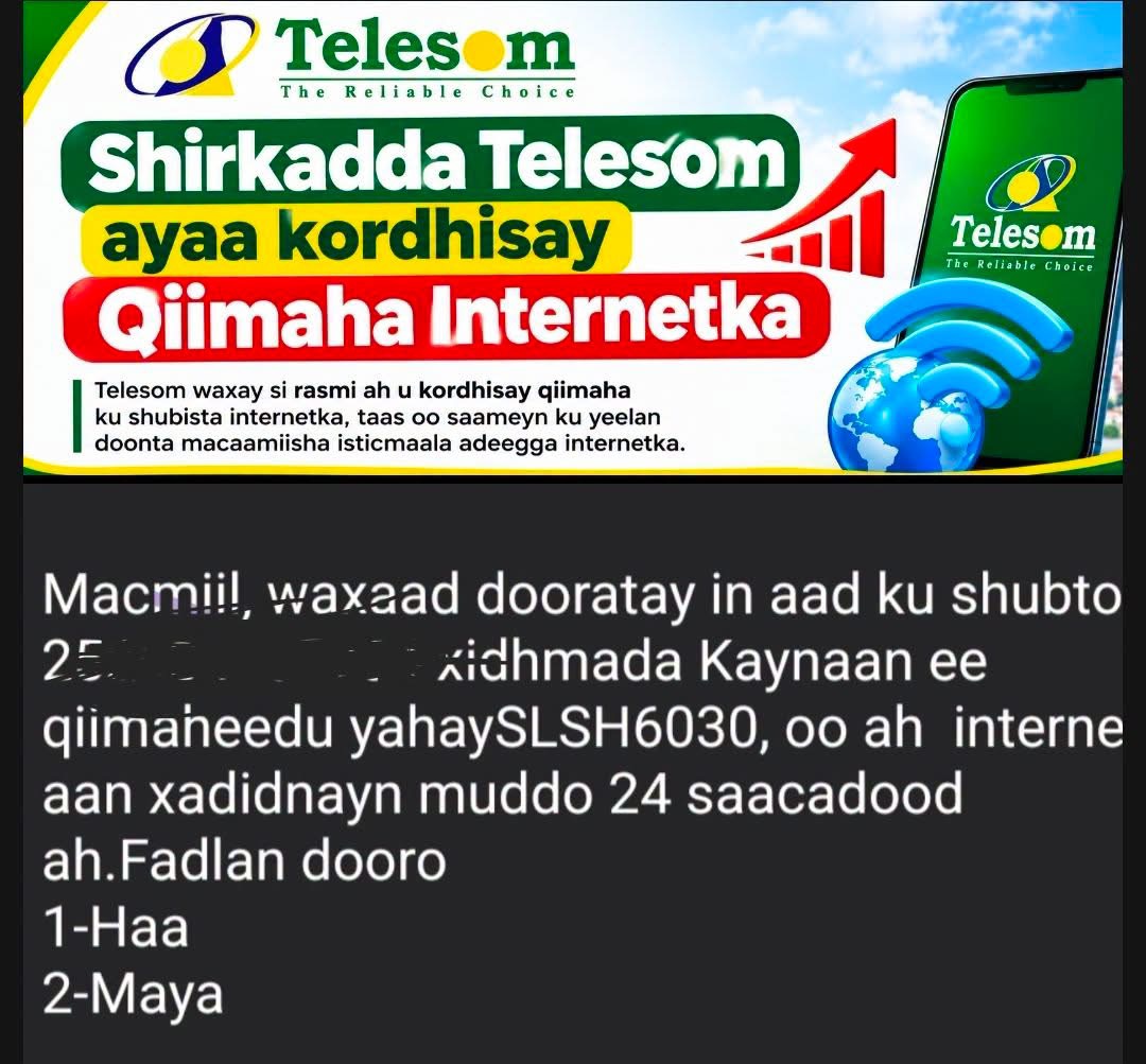 Shirkadda Telesom oo Kordhisay Qiimaha Lacagta Lagu Shubto Internet-ka Maalinlaha ah.